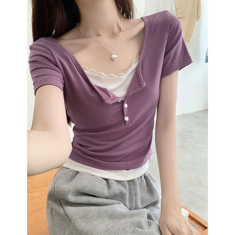 

Korean Style Chic Lace Patchwork Short Sleeve T-shirts Women Summer Fashion V-neck Slim Tee Shirt Sweet Woman Casual Short Tops