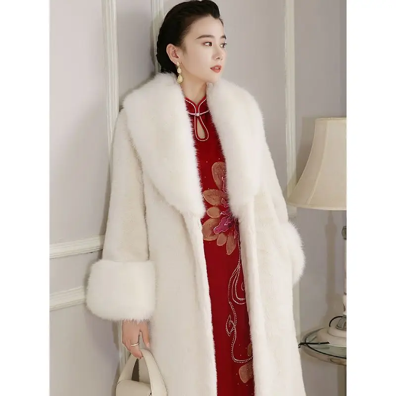 Fashion Imitation Fur Coat Female Winter New Thickened Temperament Mid Length Mink Plush Faux Fox Fur Collar Mink Coat Female