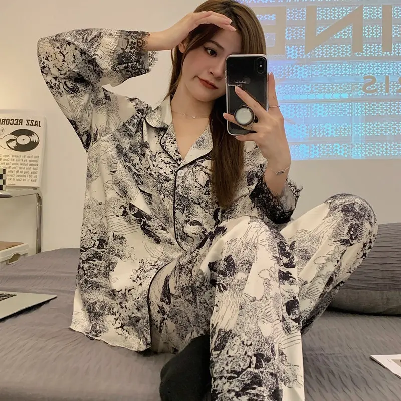 Women Pajamas Sets Polka Dot Print Pijama Faux Silk Satin Lapel Pyjama Female Sleepwear Long Sleeve Shirt Pants Suits Homewear
