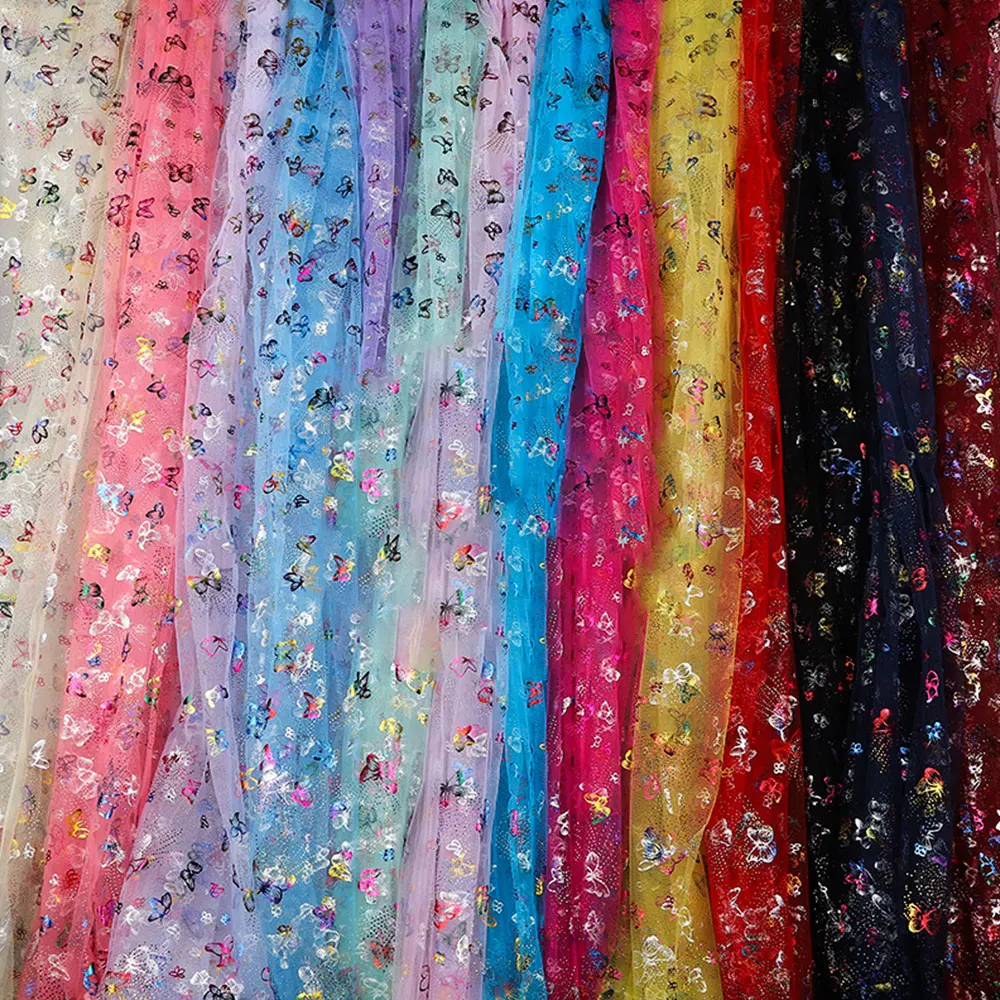 1Meter Colorful Butterfly Printed Tulle Organza Mesh Fabric DIY Handmade Baby Girl Dress Skirt Headband Garment Sewing Material