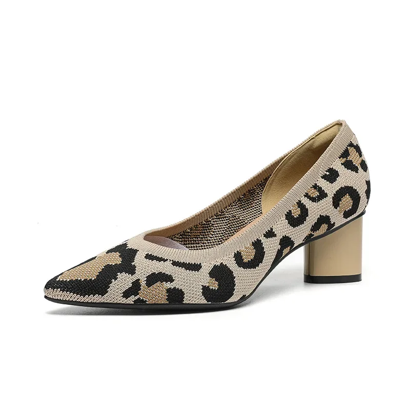 

Spring Women's High-heeled Shoes Knit Breathable Comfortable Pointed Shoes Autumn New Anti-skid Rubber Sole Work Shoes for Women