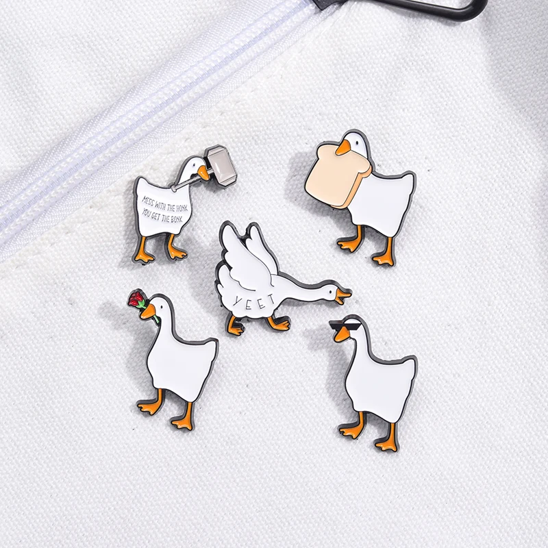 Animal Duck Goose Enamel Pin Rose Bread in His Mouth Brooch Cartoon Badge Backpack Women Men Lapel Friends Jewelry
