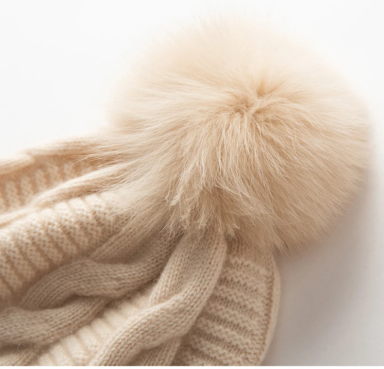 Herbst Winter Neue 100% Kaschmir Hut Frauen Ohr Schutz Hut Zopfmuster Verdickte Gestrickte Hut Einfarbig Pom Pom Warme Kalte Hut – Detail 8