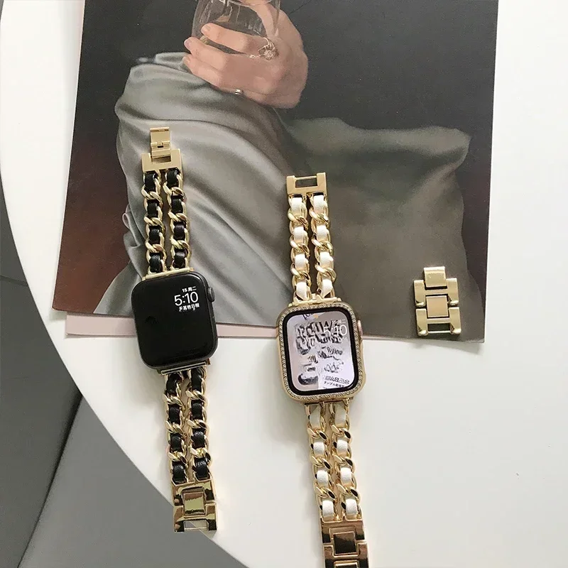 Gold Steel Leather Bracelet Wristband