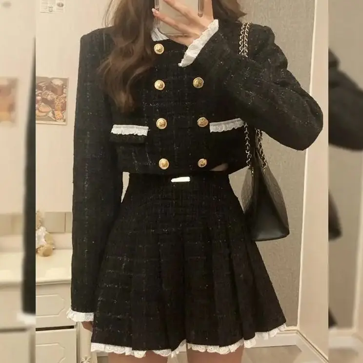 Skirt Set Button Short Jacket Mini Skirt Xiaoxiangfeng Autumn Elegant Female Casual Korean  Large Size Fashion Skirt Set 2024