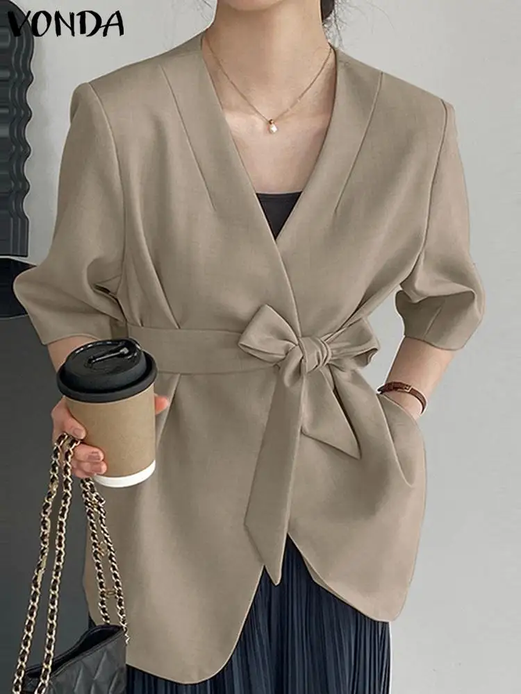 

2023 VONDA Elegant Women Blazer Summer 3/4 Sleeve Casual Coats Fashion V-neck Solid Color Shirts Belted Streetwear Blazer Tops