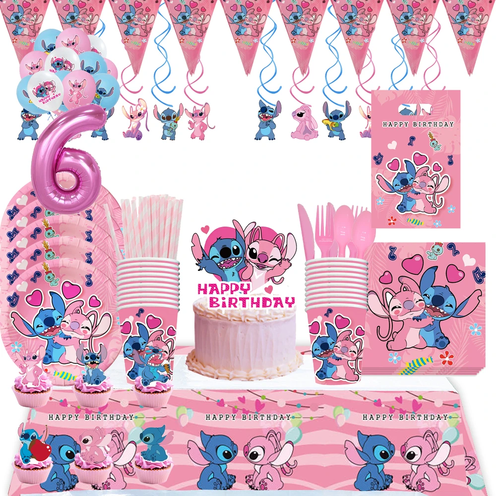 1set Pink Lilo & Stitch Birthday Party Decoration Disposable Tableware