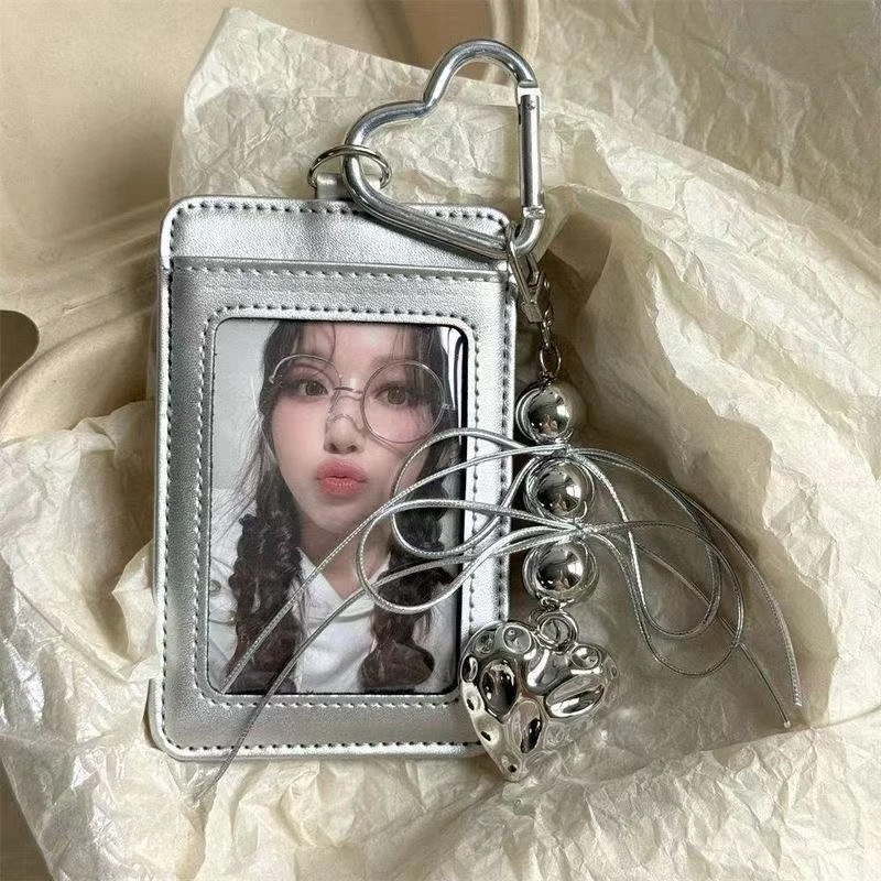 실버 PU 가죽 카드 홀더 3인치 사진 프레임 아이돌 소형 카드 디스플레이 소녀 ID 카드 보호 케이스 키체인 가방 펜던트