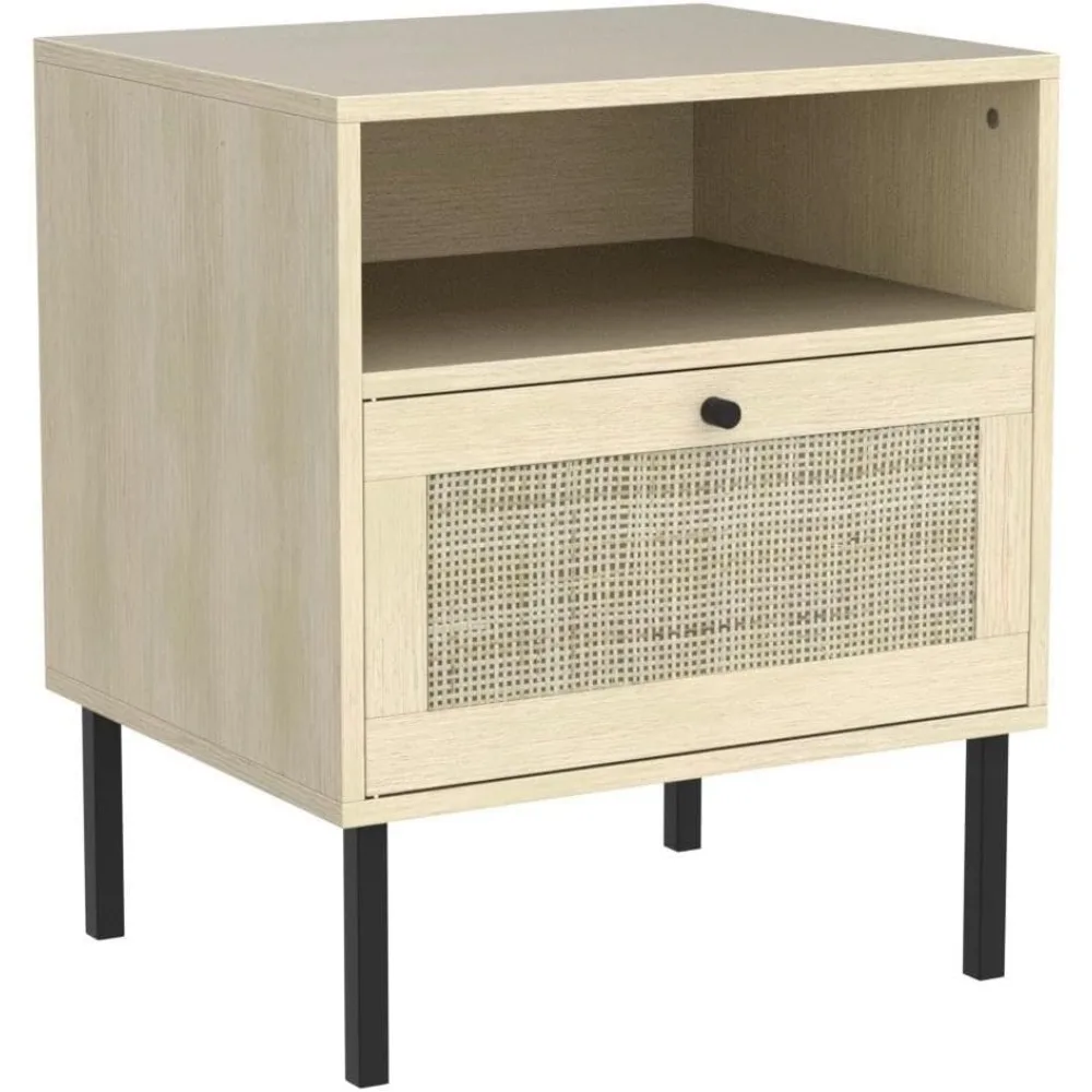 Natural Rattan Nightstand Set of 2, End Table,Boho Bedside Table with 1 Hand Made Decorated Door for Living Room, Bedroom 4