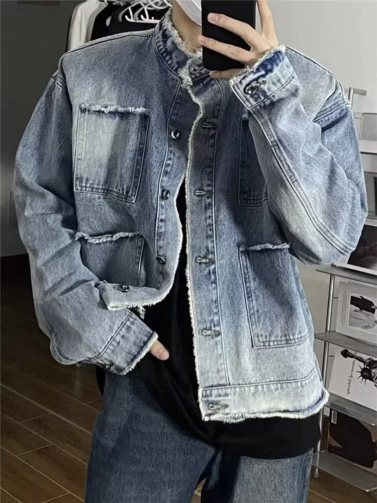 Niche Washed Raw Edge Denim Jacket Men's Gradient Color Trendy Retro Short Loose Coats Youth American Broad Shoulder Streetwear