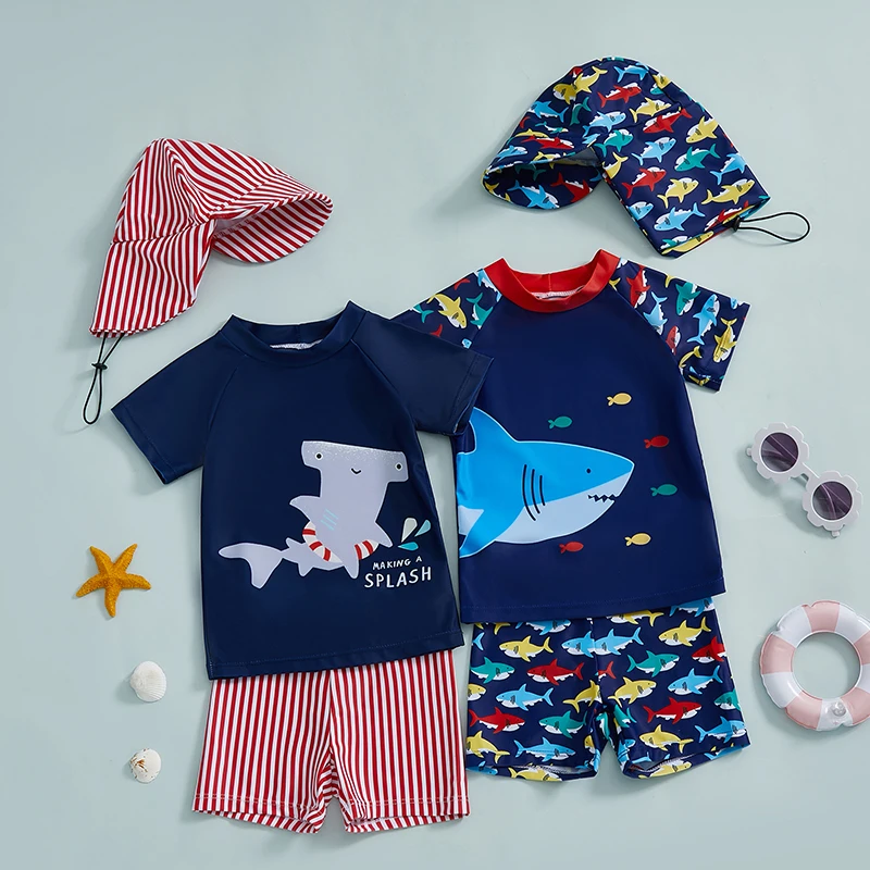 Lioraitiin Toddler Baby Boy 3Pcs Swimsuit Set Shark Print Short Sleeve Rash Guard Swim Tops Shorts Sun Hat Bathing Suit Outfit