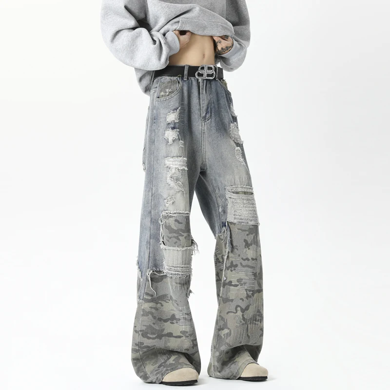 Camouflage Wide jeans men Ripped Patchwork New Mainstream Hip Hop Skateboard Men Women Streetwear High Street Super Loose Jeans
