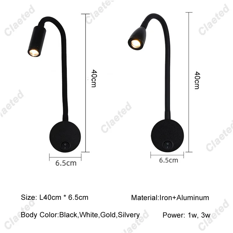 LED 벽 램프 구즈넥 홈 호텔 로프트 침대 옆 독서등, 블랙 실버 유연한 ON/OFF 스위치, 90-260V 스폿 LED 전구, 1W, 3W