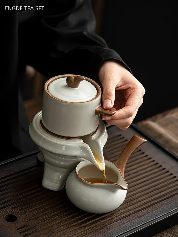 Ru Kiln Automatic Filter Teaware Set Chinese Home Beauty Tea Infuser Rotary Tea Filter Traditional Ceramic Tea Pot and Cup Set
