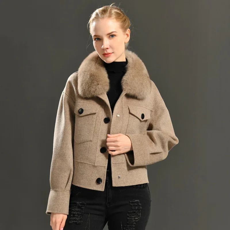 

2023 Hot selling new autumn and winter detachable fox fur collar short reversible coat in Europe and America