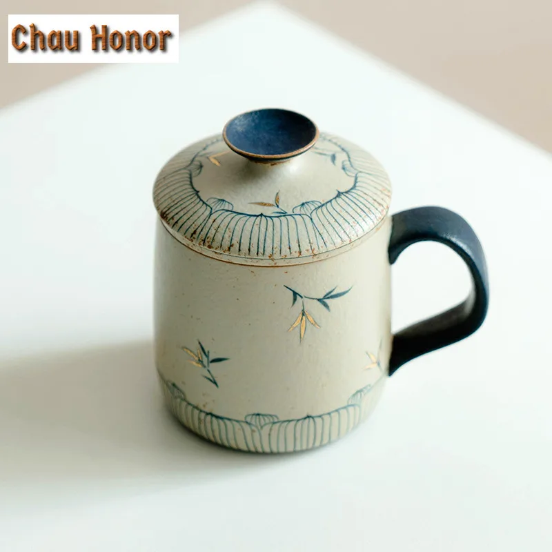 430ml Retro Blue And White Flint Red Filter Tea Separator Cup Pure Hand-painted Green Bamboo Office Work Cup Coffee Mug Drinking