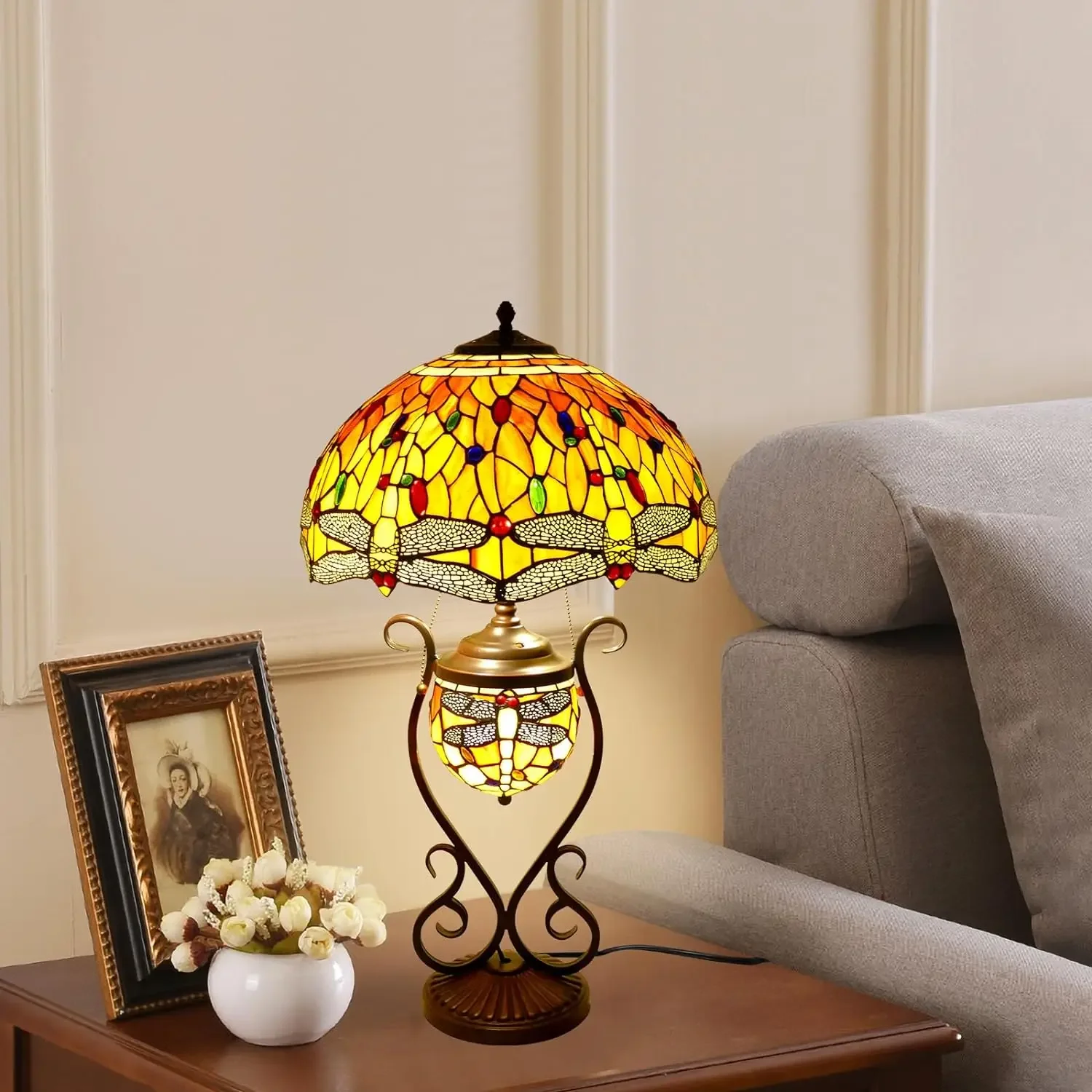 Tiffany Lamp Stained Glass Inches Beautiful Dragonfly Style Large Table Desk Light Bedroom Living Room Home Office
