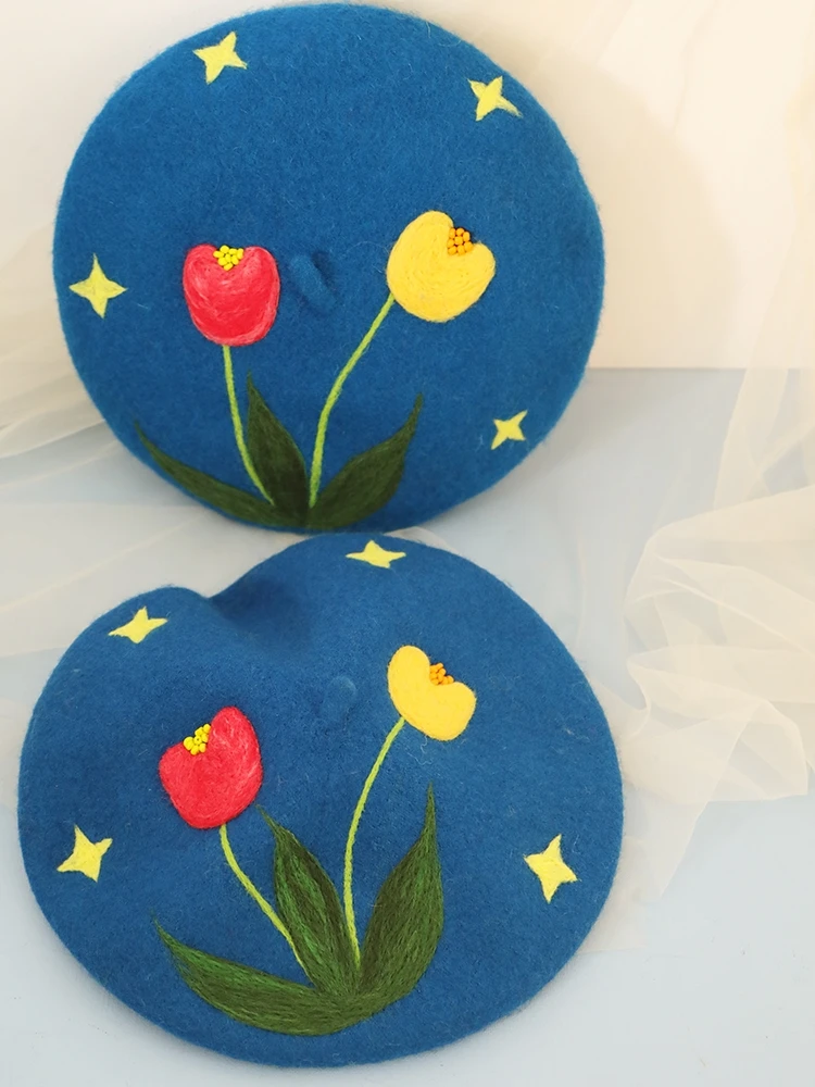 

Original Design Handmade Wool Felt Autumn and Winter All-Matching Warm Painter Cap Elegant Tulip Graceful Hat