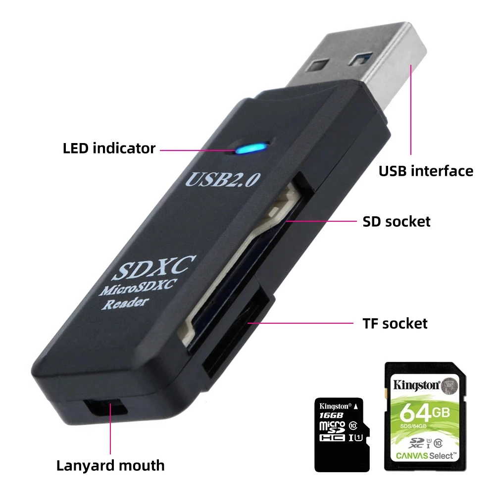 NNBILI USB 2.0 카드 리더, 마이크로 SD TF 메모리 카드, 고속 멀티 카드 라이터 어댑터, 플래시 드라이브 노트북 액세서리, 2 인 1