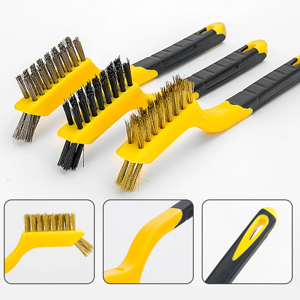 3pcs 7Inch Wire Brush Steel Brass Nylon Brush Cleaning Polishing Detail Metal Rust Scrubbing Polishing Burring Hand Tools