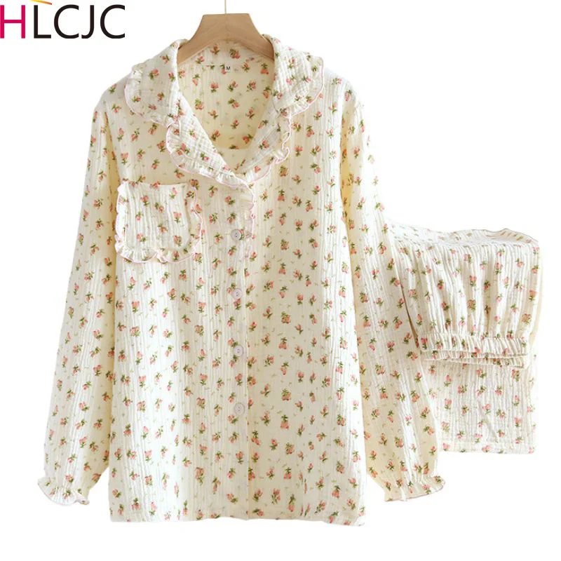 

Ladies Spring and Autumn Washed Crepe Long Sleeve Cotton Gauze Pajamas Thin Soft Printing Sleepwear Plus Size Women Two Pieces