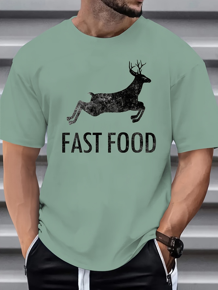 Men's Summer 100 Cotton Fashionable Casual Sports Loose Large Fun Deer Pattern Printed Round Neck Short Sleeve T-shirt Top