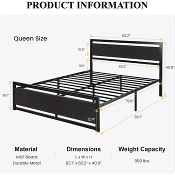 Queen Size Bed Frame with Modern Headboard, Heavy Duty Platform Metal Base with Square Footboard and 13 Strong Slats 2
