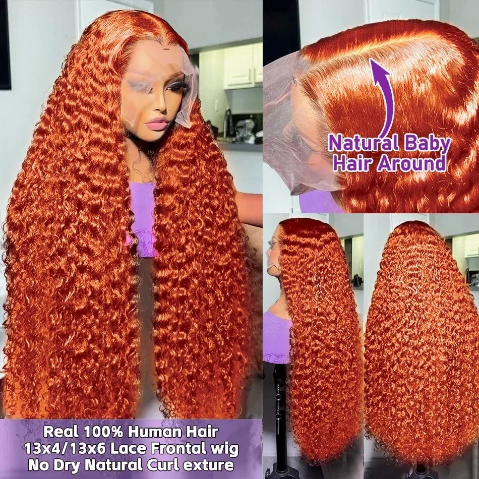 Melodie 220% Curly HD 13x6 30 40 Inches Deep Wave Orange Ginger 13x4 Lace Frontal Wig Transparent Lace Front Human Hair Wigs