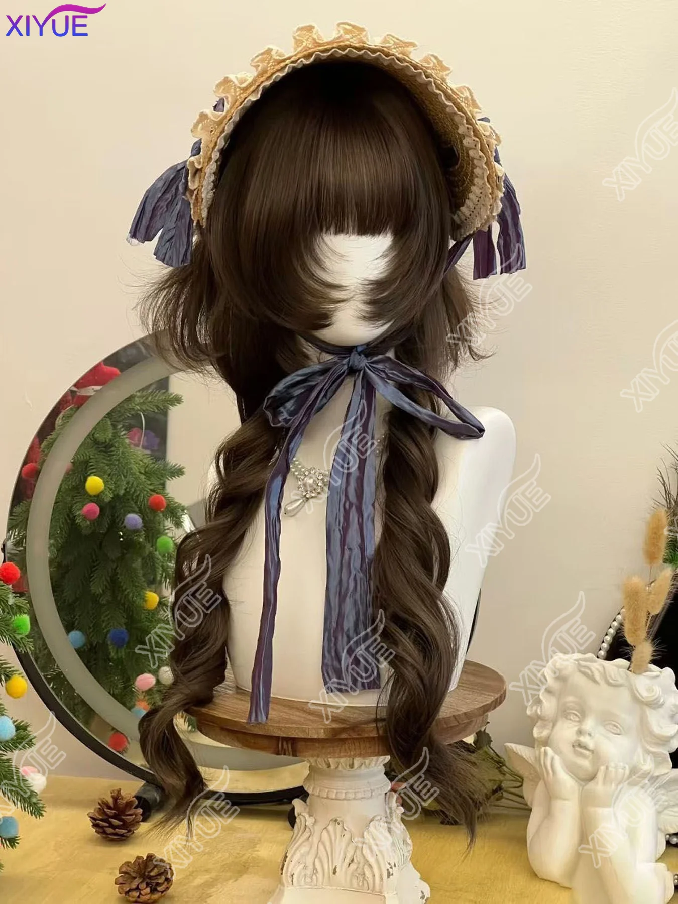 Brown Black 50CM Double ponytail long Curly Wave Hair Lolita Wigs With Bangs Synthetic Wig For Women Curls Wigs Girl