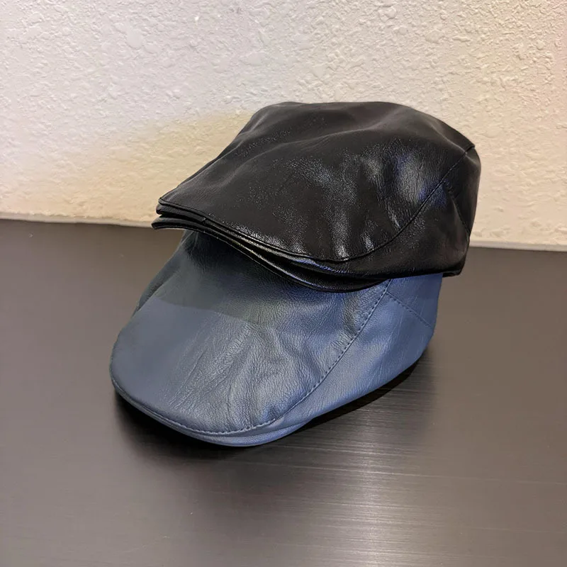 pu leather black beret baseball cap