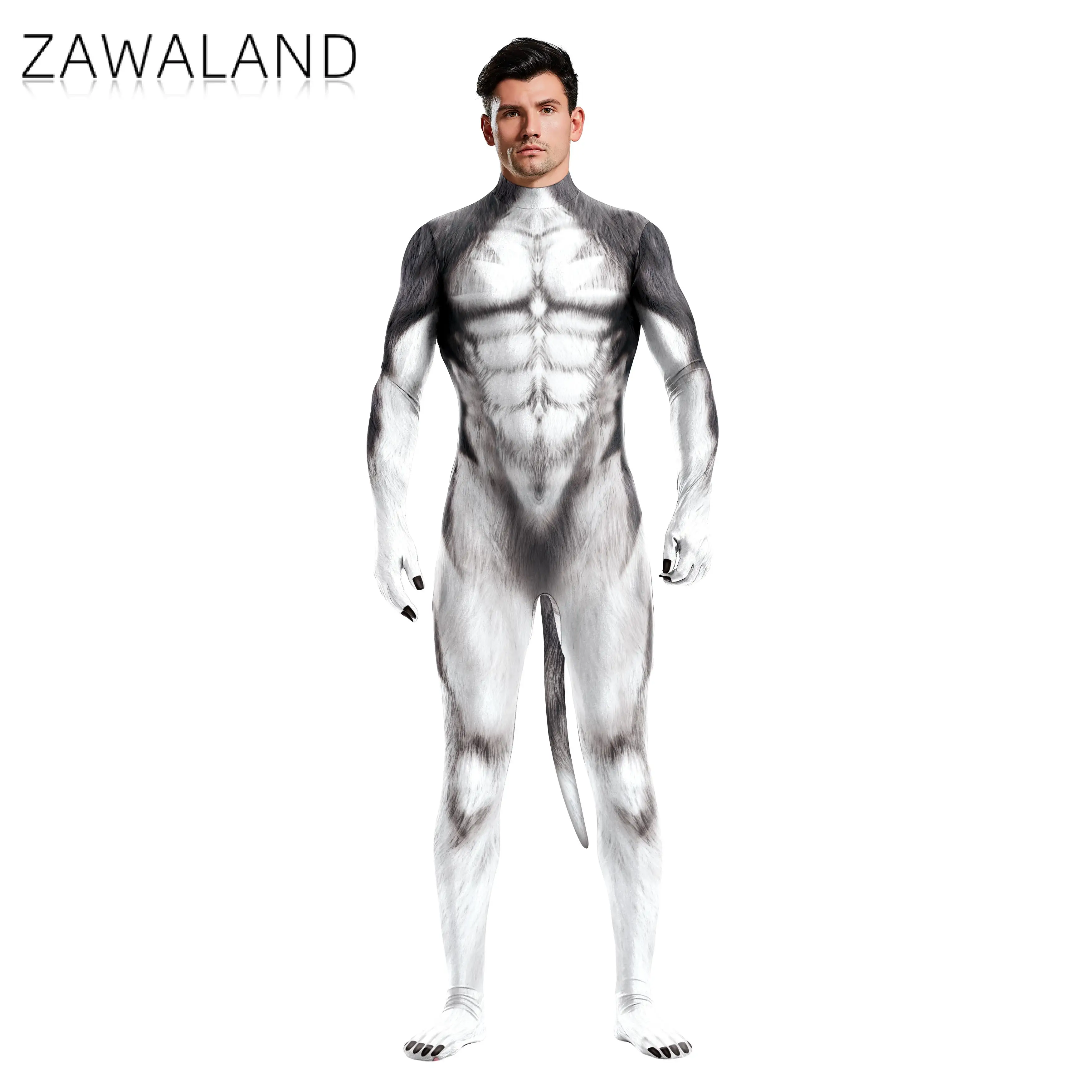 Zawaland Unisex Sexy Slim Cosplay Costume Snow Wolf Set Animal 3D Printing Zentai Jumpuit Full Bodysuit with Tail Party Playsuit cosplay costume sexy fetish wear