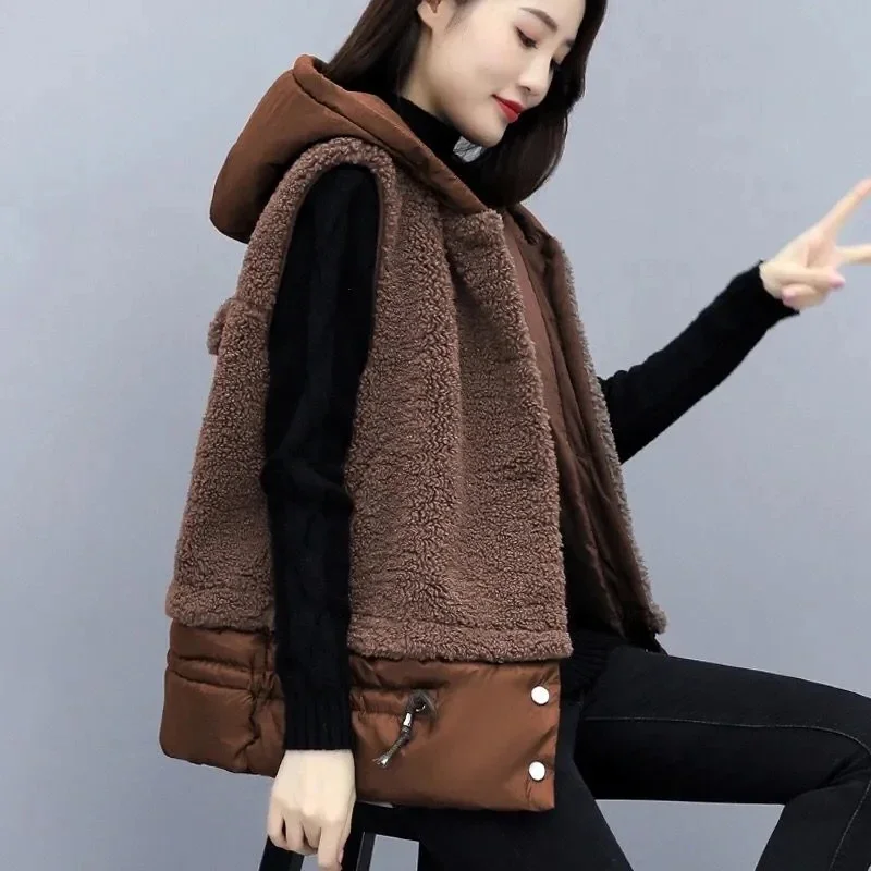 

Autumn Winter Sleeveless Casual Thick Gilet Femme Hiver Loose Zipper Warm Waistcoat Hooded Lamb Wool Vest Jacket Women Clothing