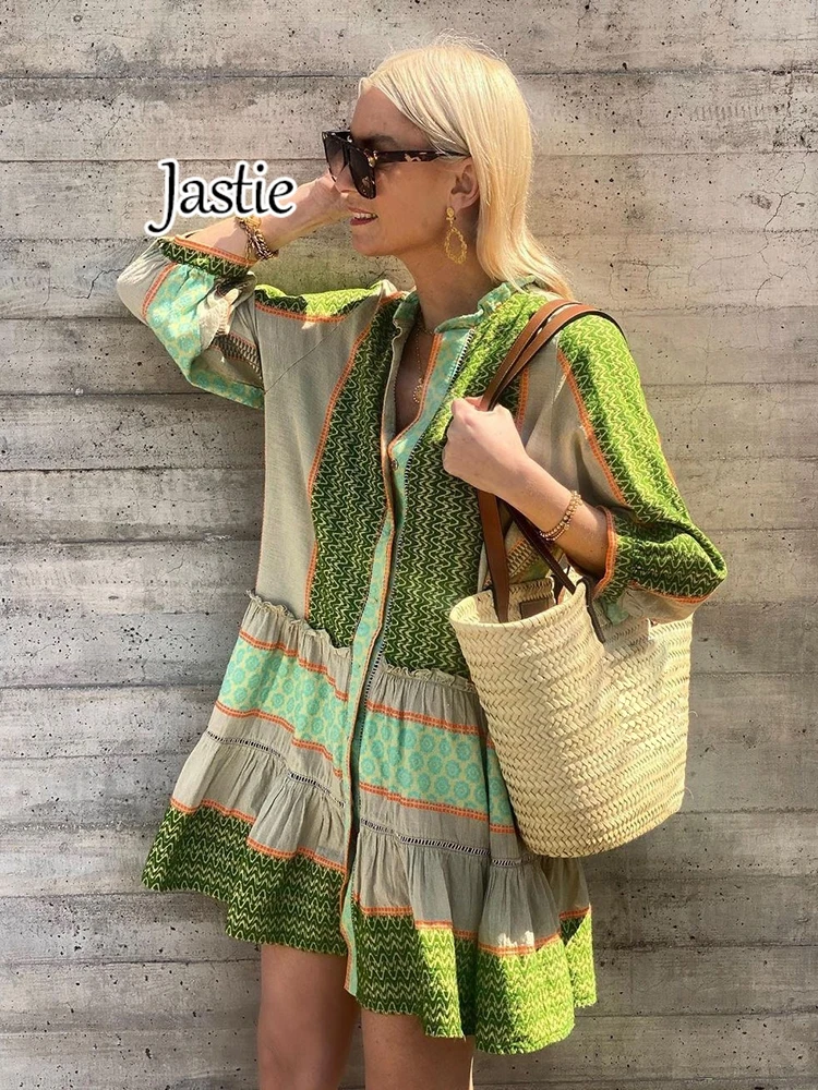 

Jastie 2024 New Spring Summer Printed Dress Cotton And Linen Three-quarter Sleeve Short Dress For Women Boho Casual Beach Dress