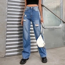 

Ripped Jeans For Women 2022 Fashion Boyfriend Style Blue Denim Trousers High Waist Straight Leg Pants Y2k Aesthetic Clothing New