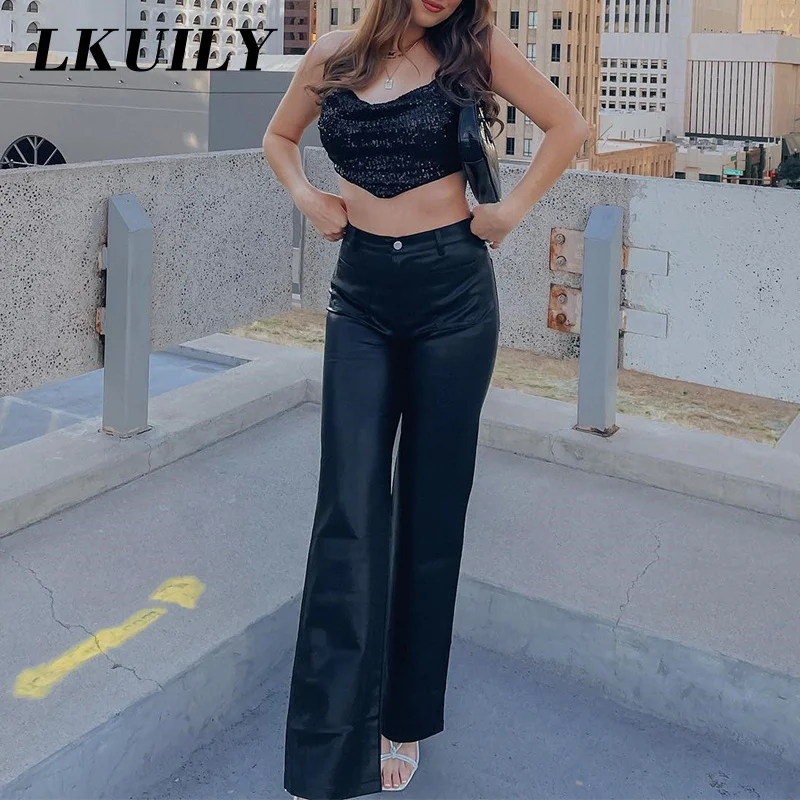 

Aesthetics Vintage Straight High Waisted Women's Leather Pants Fashion Streetwear 2023 Baggy Casual Wide Leg Straight Trouser