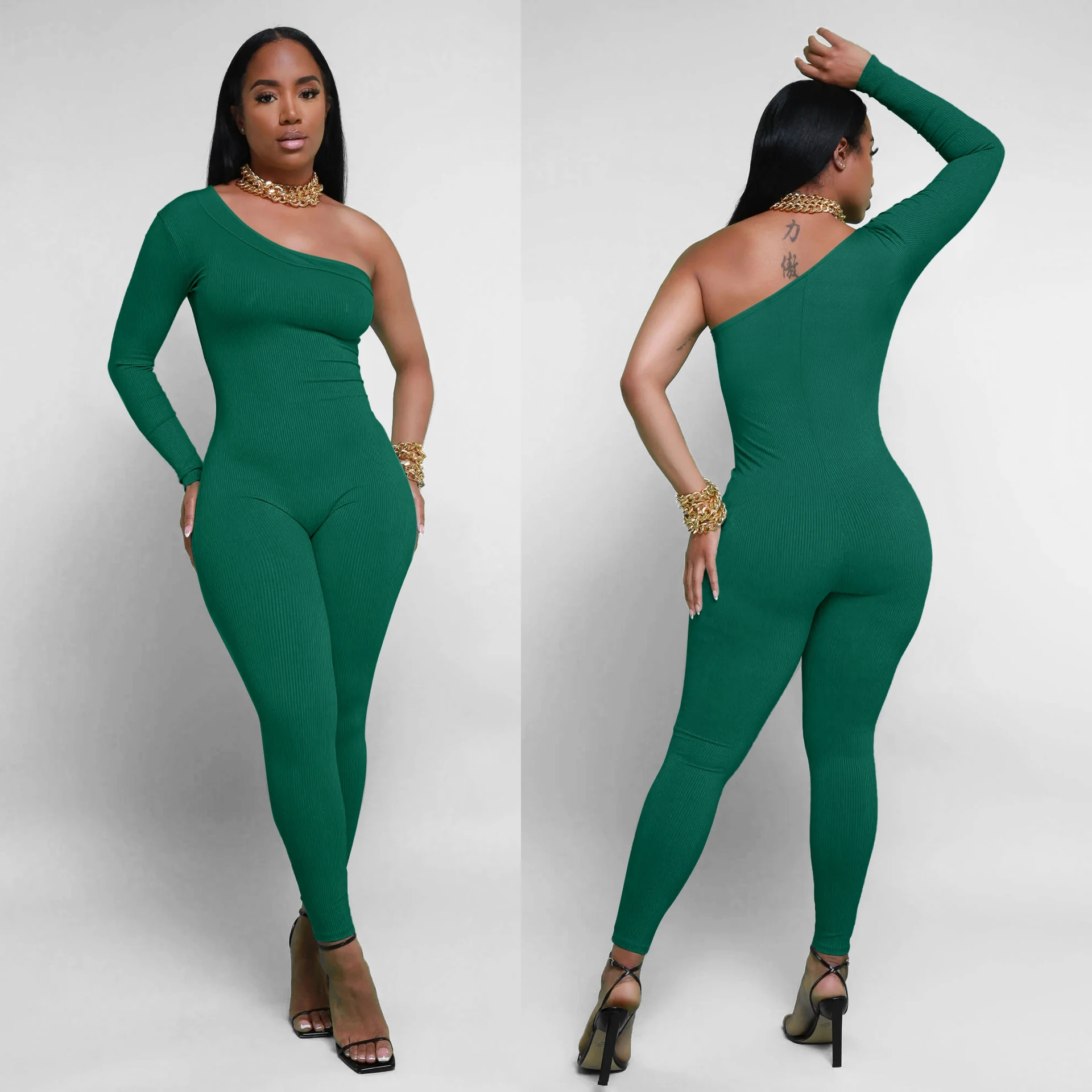 Sexy One Shoulder Ribbed Jumpsuits One Piece Rompers 2023 Women Fall Elegant Bodycon Winter Solid Jumpsuit Bodysuit Playsuit