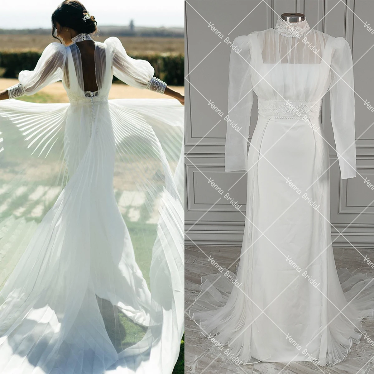 

Two Pieces Pleated Organza Top Bridal Gowns High Neck Lace 3/4 Sleeves Sheath Crepe Square Neck Underdress Backless Bridal Gowns