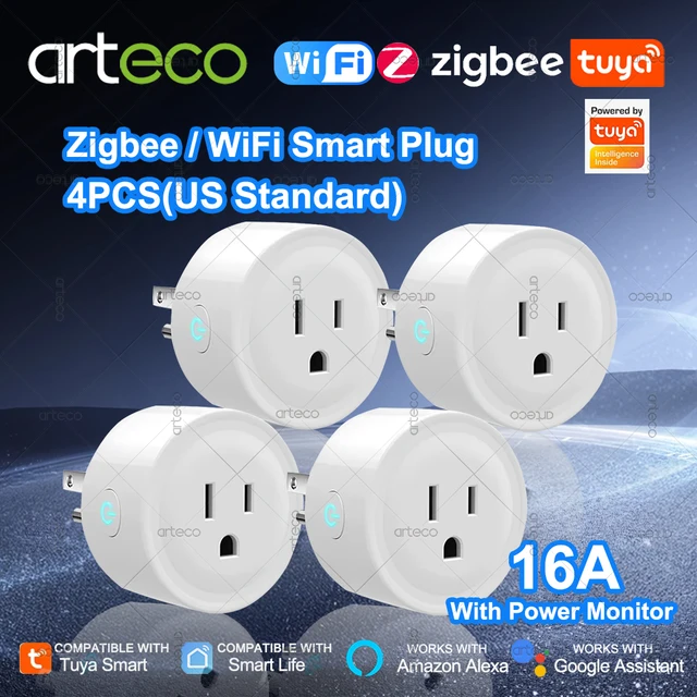 ปลั๊กอัจฉริยะ Tuya 16A 4 ชิ้น รองรับ Zigbee และ WiFi มาตรฐานสหรัฐอเมริกา ใช้ได้กับปลั๊กแบบแคนาดาและเม็กซิโก พร้อมฟังก์ชันตรวจสอบการใช้พลังงาน ทำงานร่วมกับ Alexa และ Google Assistant 1