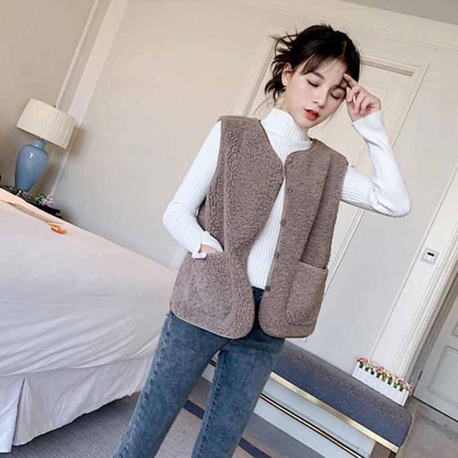 Leather Jackets 2021 Autumn Winter Women's Vest Lamb Wool Korean Version Versatile Imitation Fur One Short Girls' Button Vest  Coat Casual Coffe long down coat womens