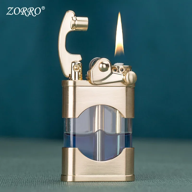 ZORRO New Windproof Metal Kerosene Lighter Transparent Oil Tank Creative Retro Flint Petroleum Lighters Smoking Accessories