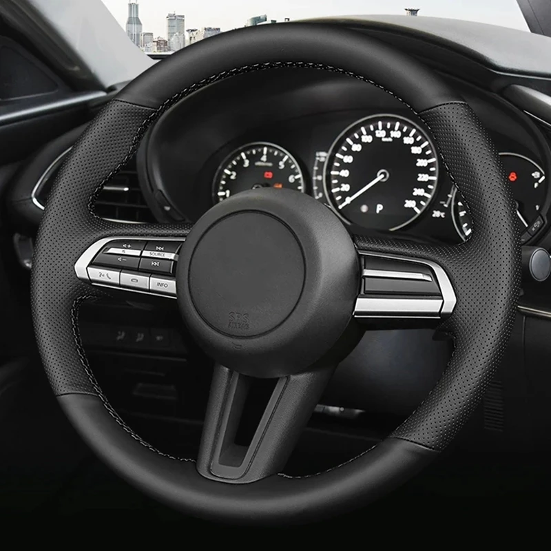 

Non-Slip Black Genuine Leather Car Steering Wheel Cover For Mazda 3 Axela CX-4 CX-5 CX-30 Auto Interior Car Accessories