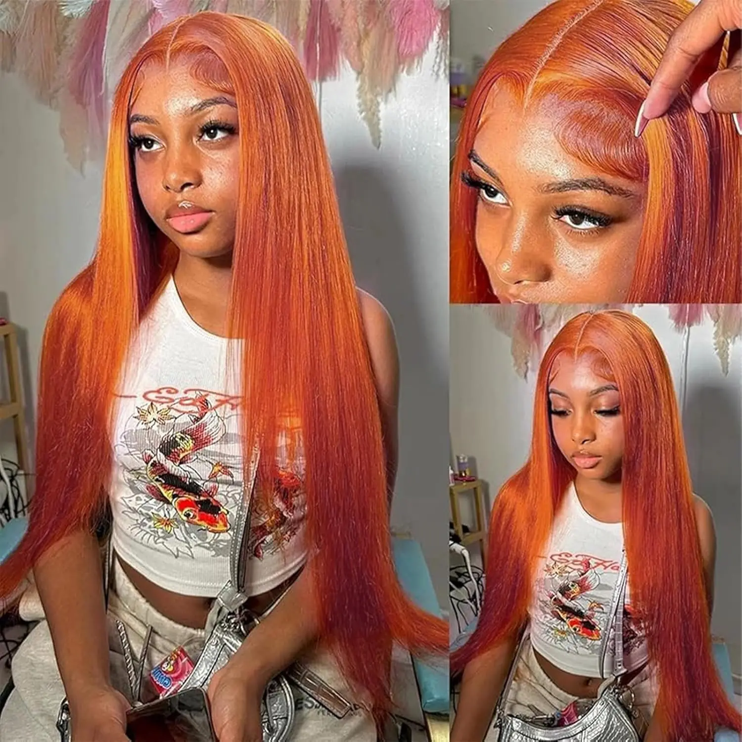 13x4 HD Lace Front Wig 34 Inch Ginger Orange Straight 250 Density Pre Plucked Natural with Baby Hair 1