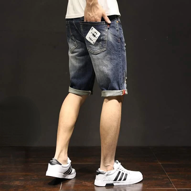 Cargo Straight Male Denim Shorts Bermuda Ripped Men's Short Jeans Pants Stretchable Wih Zipper Luxury Buttons Wide Summer New In