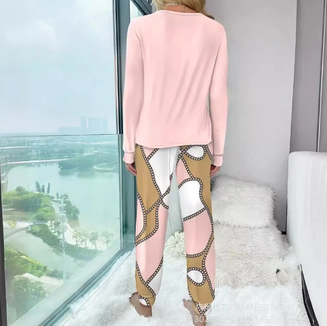 Women's Home Two Piece Casual Comfortable Loose Solid Color Round Neck Long Sleeved Pajama T-shirt Top and Printed Pants Set