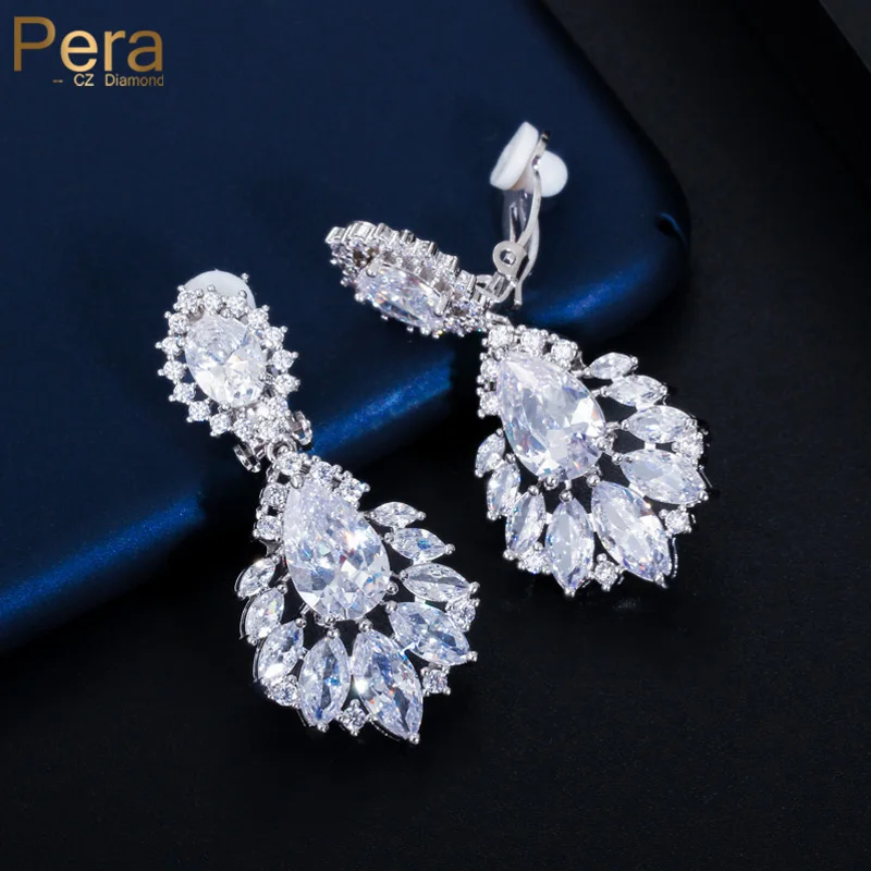 Pera Classic No Hole Style Cubic Zirconia Leaf Water Drop Women Wedding Bridal Party Clip Su Orecchini Lunghi Senza Piercing E526