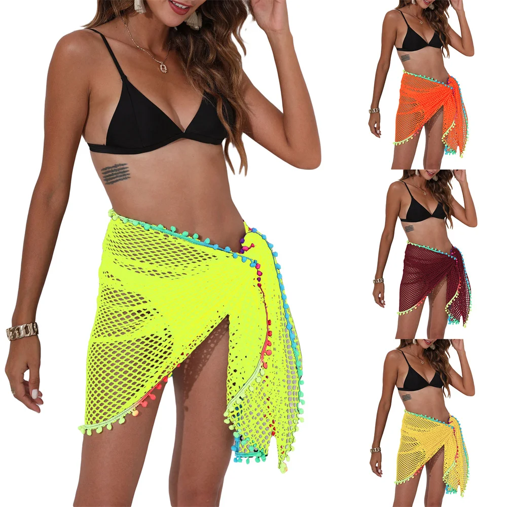 

Women Fishnet Beach Bikini Cover-ups Short Skirt Colorful Fringe Sarong Beach Wrap Skirt with Tassel Cover Ups