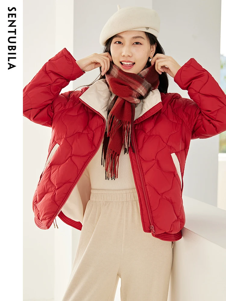 SENTUBILA Women's Contrast Crop White Duck Down Jacket 2023 Winter Stand Collar Down Coat Loose Warm Puffer Jackets W34Y49917