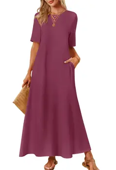 Summer Casual Maxi Dress For Women Crew Neck Short Sleeve Modest Long T-Shirt Dress With Pockets