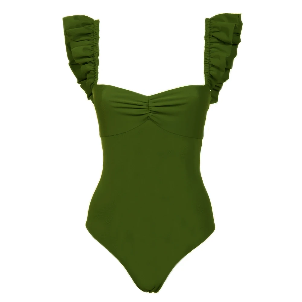 

Solid Color Lotus Leaf Sling Swimsuit 2023 Women's Large Size High Waist Swimsuit Geometric Printing Square Strap Cover Up