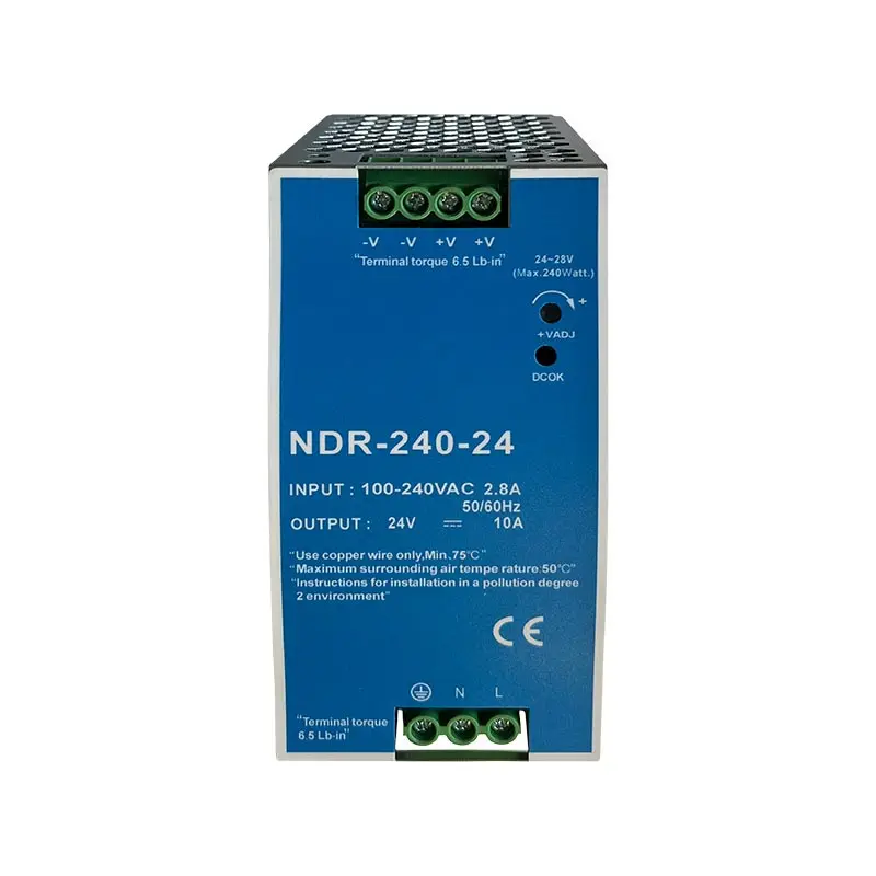 NDR 240W 24V 48V 산업용 DIN 레일 유형 단일 그룹 출력 변압기 240VAC 스위칭 전원 공급 장치